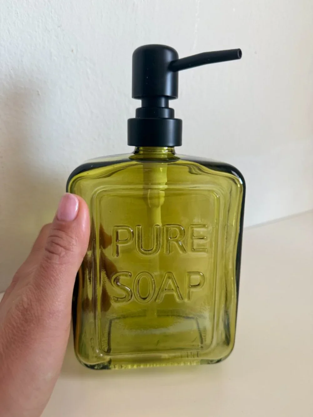 NWT Ophelia & Co Green Amber Glass Soap Dispenser Pump Birch Lane PURE SOAP